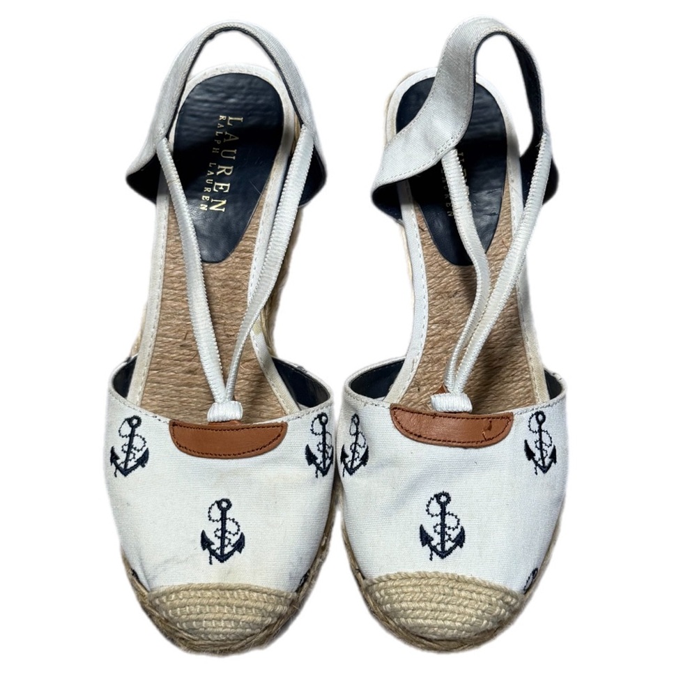 Ralph Lauren White Canvas Anchor Espadrille Wedge Sandals